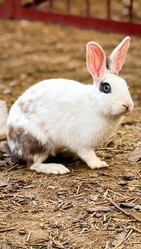 A vertical shot of a blue-eyed white rabbit on a farm