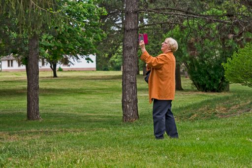 A Caucasian female walks in the park and talks over her cell phone using a video link