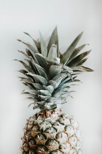 A vertical close up shot of pineapple in front of a white wall