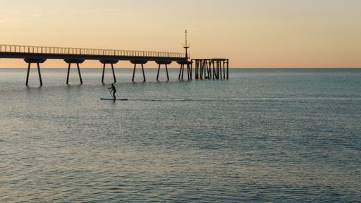 A closeup shot of a person paddleboarding over the water next to the dock