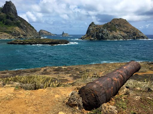 View of Forte de Sao Joaquim do Sueste, Morro do Chapeu and Cabeluda Island, Sueste Bay, Ponta das Caras, Fernando de Noronha, Brazil