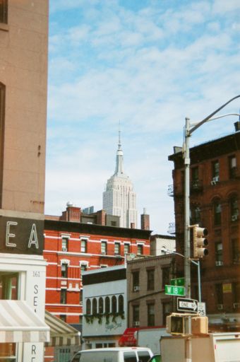 A vertical shot of downtown New York City with Empire State Building visible in the distance