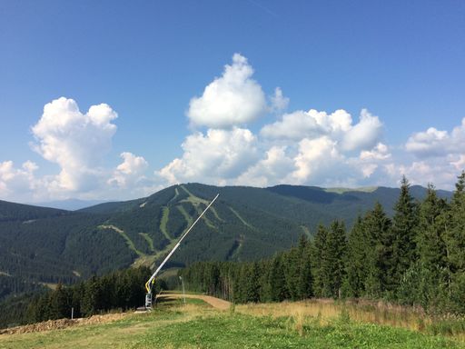 An open barrier gate in the middle of lush green fields and mountains on a blue cloudy sky background