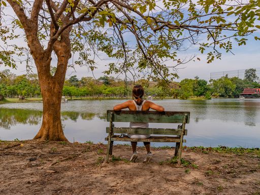 A Female Woman Sitting on a Slanted Green Wooden Bench at a Park with a Lake Under a Tree in the City of Bangkok, Thailand.