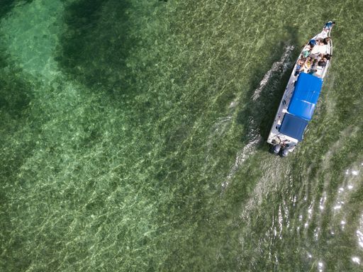 A bird's eye view of a white boat full of people in a transparent lake