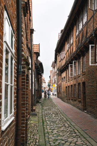 A small cobblestone alley surrounded by old buildings in the ancient town Lueneburg in Germany