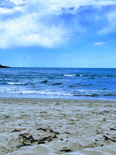 A vertical shot of a beach with wavy sea under cloudy sky