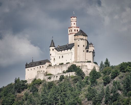 A Beautiful view of Marksburg castle on the top of a forested mountain