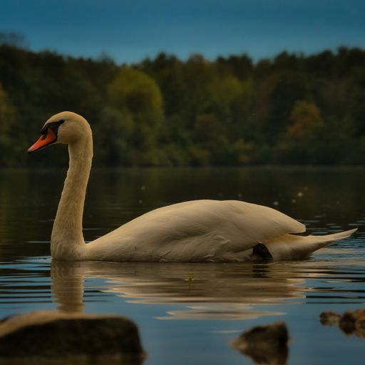 A shallow focus shot of a mute swan swimming in the calm water with trees and blue sky in the blurred background