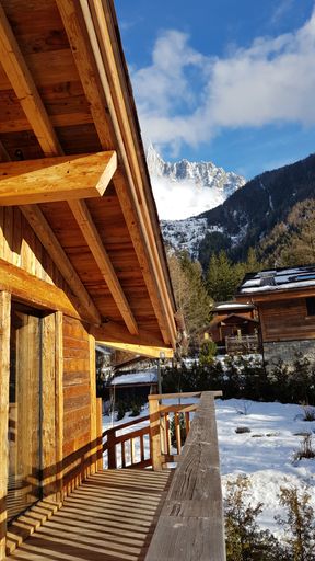 A vertical shot of a log cabin in a ski resort