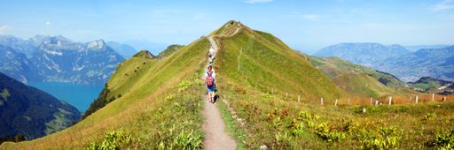 Hikers on the ridge walk along Lake Lucerne near Stoos, Switzerland, between Klingenstock and Fronalpstock  with impressive views on the Alps