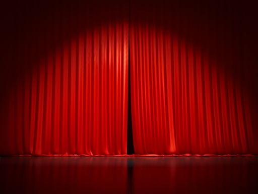 A 3D-rendered typical closed stage curtain creates an entertainment background