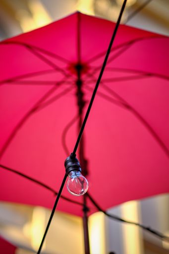 A selective photo shot of a light bulb with blurred pink umbrella background
