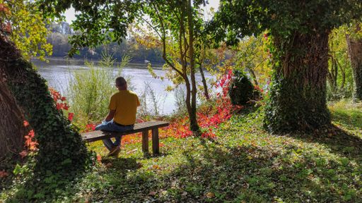 A Hispanic man sitting on the bench in a park and enjoying the beautiful nature