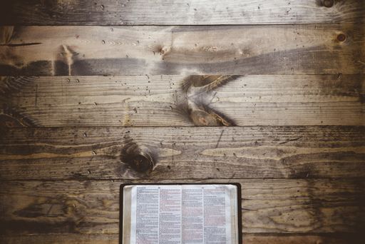 An overhead shot of an open book on a wooden surface