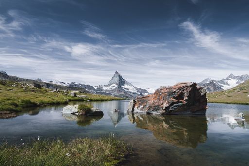 Summer Matterhorn reflection in Stellisee, Zermatt Switzerland