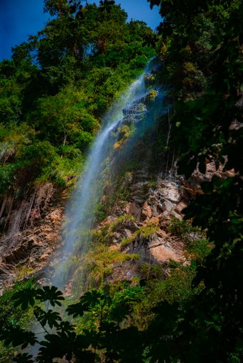 A vertical shot of a small waterfall in Trinidad And Tobago