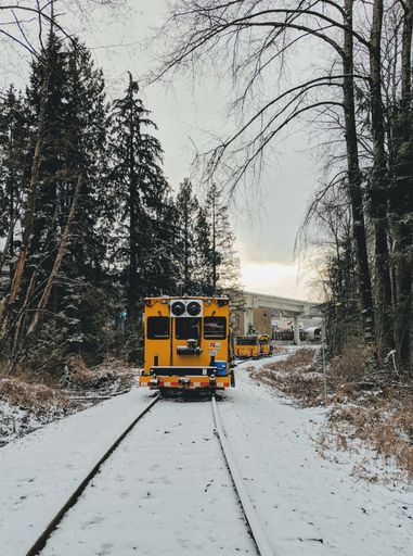A vertical shot of a yellow train on a rail covered in snow surrounded by trees