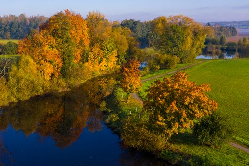 An aerial shot of a greenfield and a water path with some trees