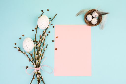 Easter holiday and spring background, empty paper for text, pastel colors, nest with eggs, pussy willow, greeting card