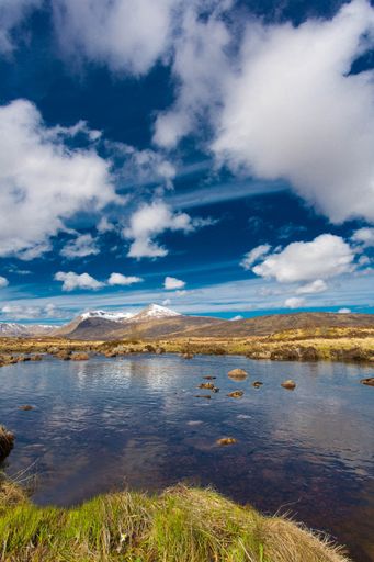 A vertical shot of a river with tall mountains and a cloudy blue sky in the background