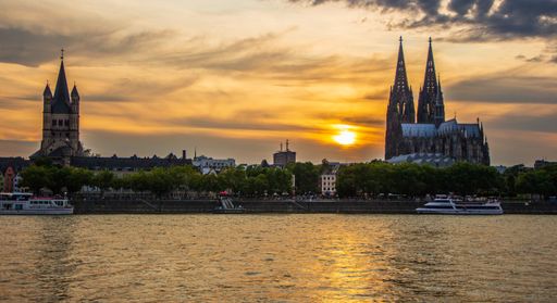 the cathedral, the buildings and the rhine River of Cologne NRW Germany Europe