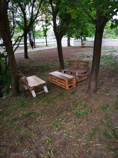 A shot of a wooden bench and a table under the trees