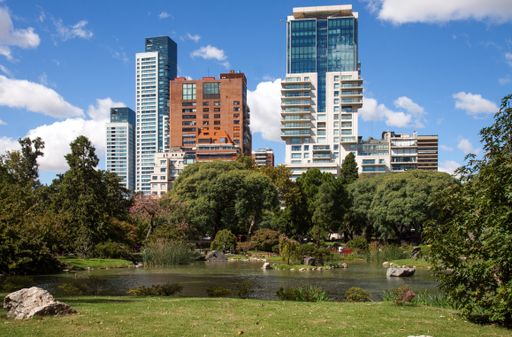 Japanese garden, Jardin Japones, in Buenos Aires, Argentina, with city skyline in the back