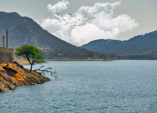 An amazing shot of a lake surrounded with mountains covered by trees