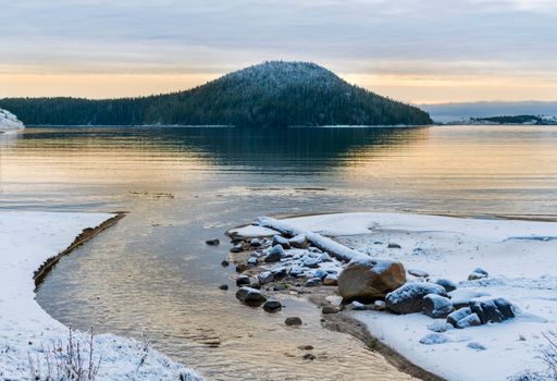 A scenic view of a body of water near the shore with a forested mountain and light cloudy sky in the background