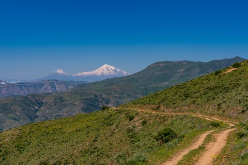 An amazing aerial shot of Armenian mountain landscape on mountain Ararat background