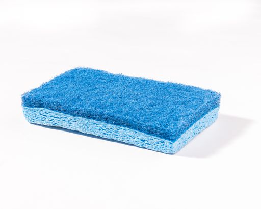 A close-up shot of a blue cleaning sponge isolated on a white background