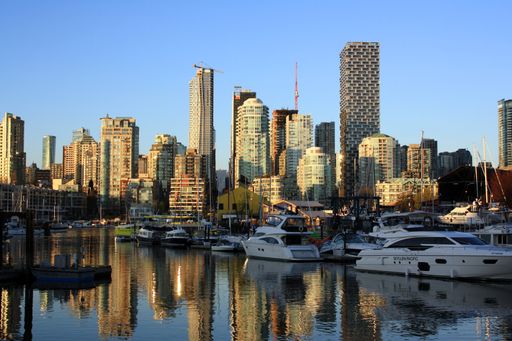 A closeup of Yachts and sailing boats in False Creek in downtown Vancouver, British Columbia, Canada