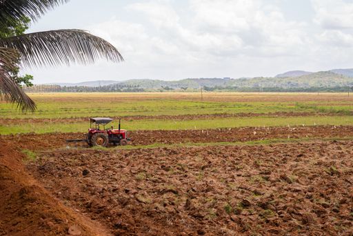 Agricultural Landscape view in Goa/India with tractor in foreground. Farmer cultivating farm land with tractor/machinery.