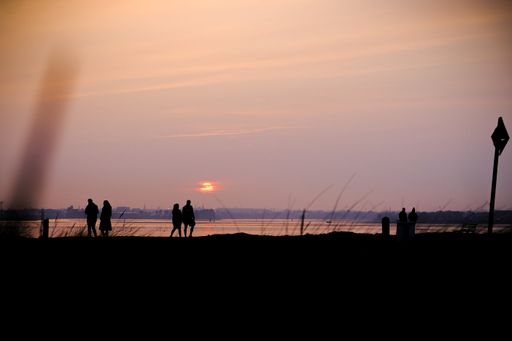 A beautiful landscape of the sunset at the beach and people walking in Bull Island, Ireland