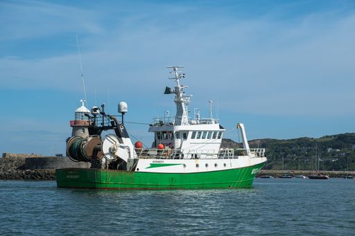 A green fishing vessel entering the Howth port marina on sunny day