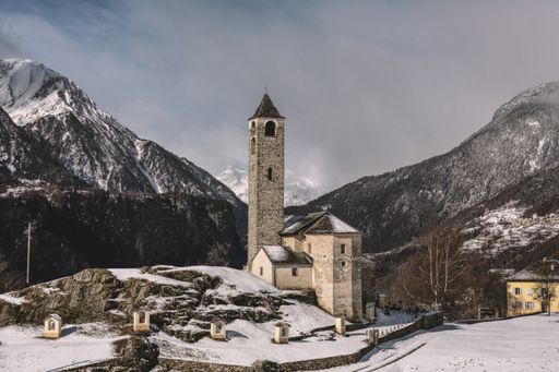 A beautiful shot of a church in Rossura in Switzerland during a winter day