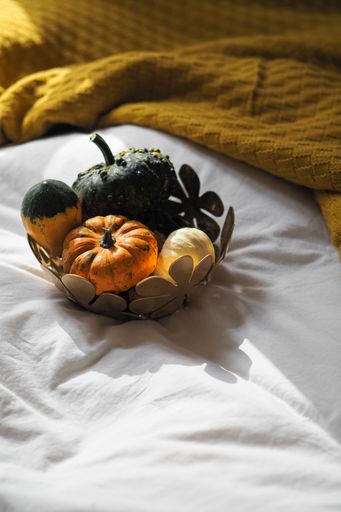 A vertical shot of small pumpkins in the bowl near the orange blanket on the white sheet