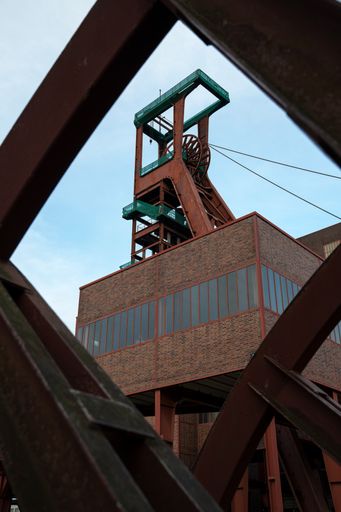 A vertical low angle shot of the Zollverein Coal Mine Industrial Complex in Essen, Germany