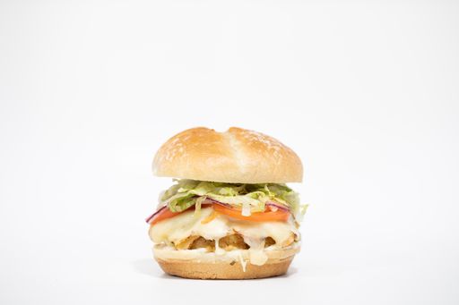 A closeup of the burger on the white background.