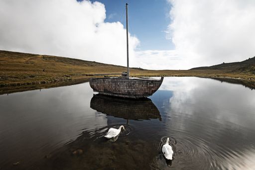Two swans swimming near a boat in a mountain lake