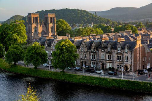 The view of St Andrew's Cathedral on the bank of Ness river, Inverness, Scotland, UK.