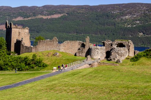 The view of Urquhart Castle, a ruin, sits beside Loch Ness in the Highlands of Scotland.