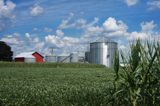 Farmland with crops of soybeans and corn growing in the fields.  Multiple silos and a red barn under a blue sky with clouds