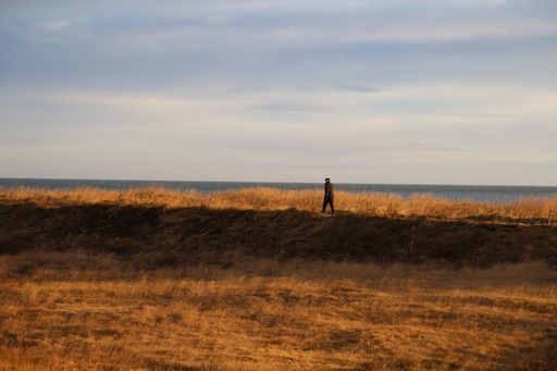 A beautiful view of a man standing on a large grassland by the sea against a blue cloudy sky