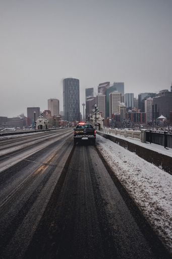 Police truck with emergency lights parked on bridge facing city scape