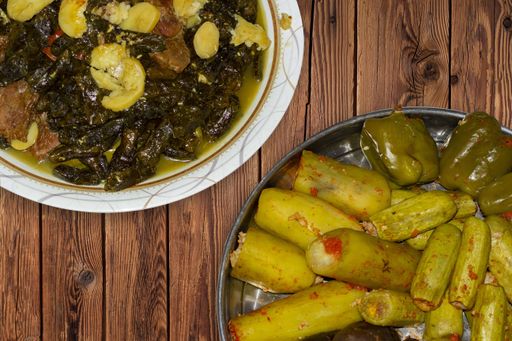 Grape leaves, zucchini, pepper, and napkin, stuffed with rice and meat ,a Mediterranean countries dish, it's called in turkey (Sarma) in Arabic mashi