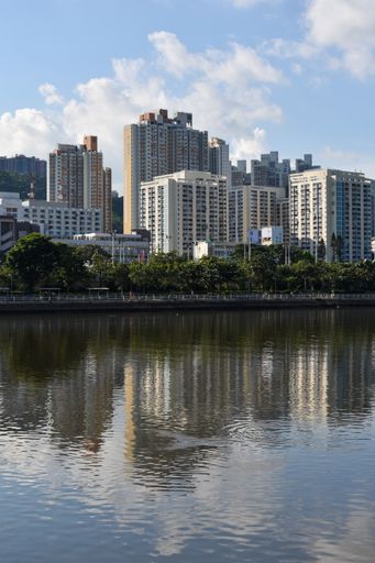 A portrait of commercial and residential buildings reflecting on the water