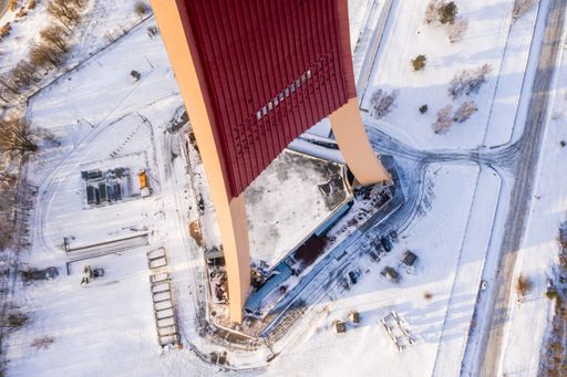 An aerial shot of one of Riga's interesting buildings during winter in Latvia