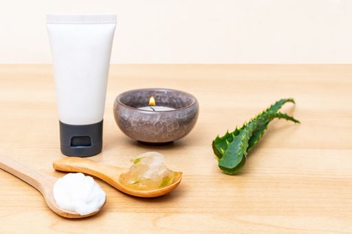 A closeup shot of aloe vera cosmetic cream face, skin, and body care